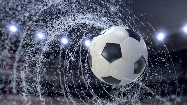 Soccer ball flies emitting whirl of water drops, 3d illustration