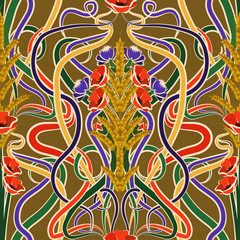 Seamless background with wheat and flowers in art nouveau style, vector illustration