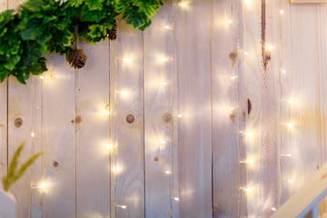 warm light LED on pine wood background