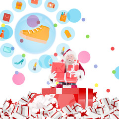 Santa standing in large gift against dot pattern