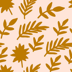 Cute tropical seamless pattern with hand drawn palm leaves, branches, flowers. Tropic floral seamless pattern. Vector illustration.