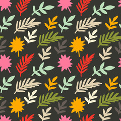 Naklejka na ściany i meble Colorful tropical seamless pattern with palm leaves, branches, flowers on dark background. Tropic floral motif. Vector illustration.