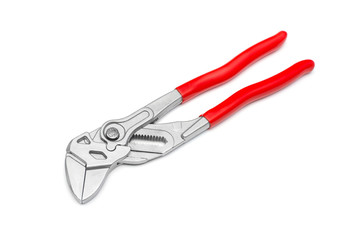 Adjustable water pump pliers tongue and groove isolated on white background. Universal wrench. Professional tool for work. Flat lay, top view