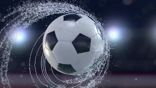 Soccer ball flies emitting whirl of water drops, 4k 3d animation