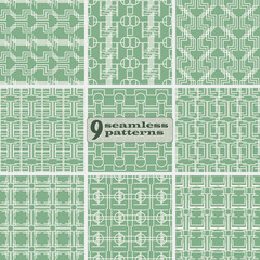 Set of seamless geometric patterns of multiple lines mint green color