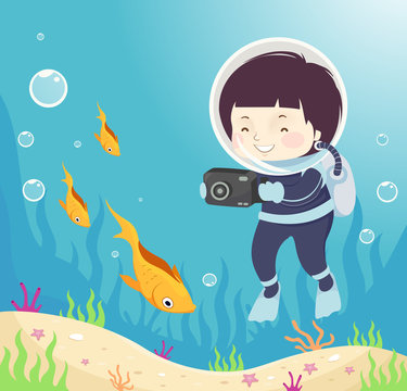 Kid Boy Fish Camera Underwater Illustration