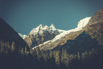 The mountain autumn landscape with colorful forest and high peaks Caucasus Mountains