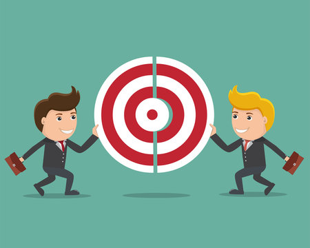 Two businessmen  pushing a pieces of target. Team works to reach goal. Vector illustration flat style design.Business concept. 