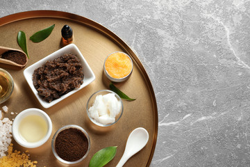 Ingredients for natural body scrub on metal tray
