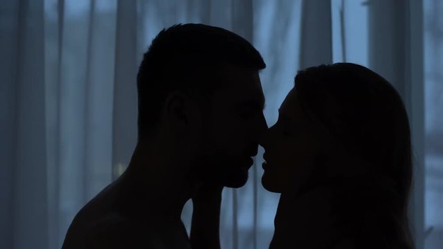 Man and woman silhouettes kissing in dark room, romantic night, love feeling