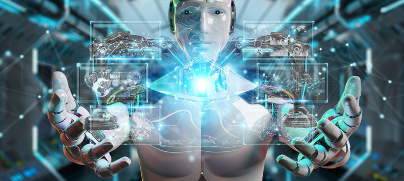 White man robot using robotics arms with digital screen 3D rendering