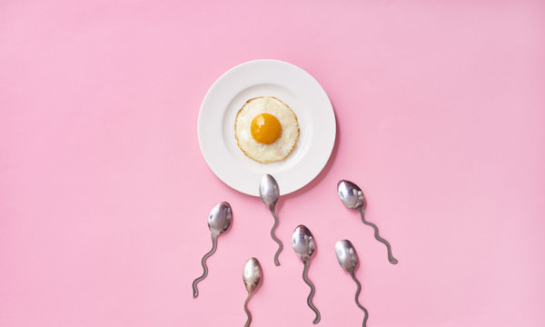 Conception of fertilization. Fried egg in white plate, and spoon
