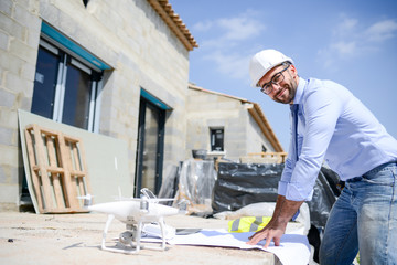 handsome architect flying inspection drone for aerial view of a house construction site industry
