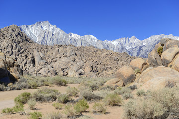 Fototapeta na wymiar Mount Whitney and the Alabama Hills, California 14er, state high point and highest peak in the lower 48 states, located in the Sierra Nevada Mountains