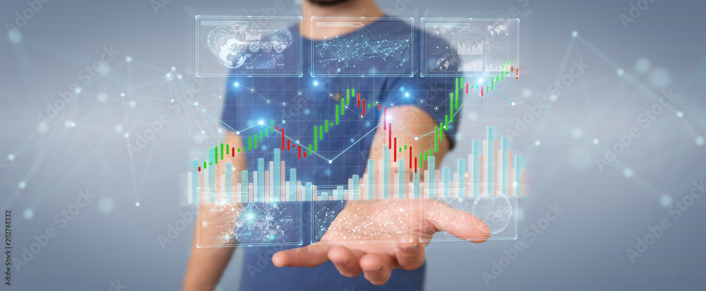 Aufkleber businessman using 3d rendering stock exchange datas and charts