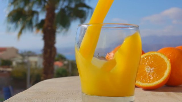 Orange juice is poured into a glass under a palm tree on the beach, close-up camera motion