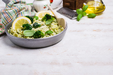 Traditional pasta tripoline with pesto