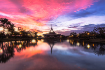 Fototapeta na wymiar Beautiful public parkland Suan Luang R.9 in Bangkok Thailand in Sunset twilight time