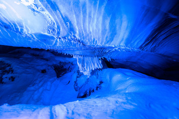 The polar arctic Northern lights ice cave in Norway Svalbard in Longyearbyen city  
