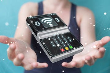 Businesswoman using contactless terminal payment 3D rendering