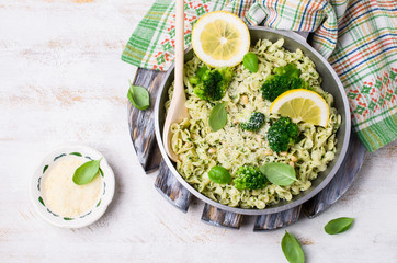 Traditional pasta tripoline with pesto