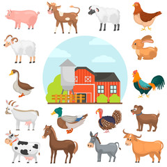 Agricultute animals color flat icons set. Farm color illustration