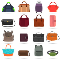 Bags and wallets color flat icons set