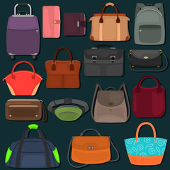 Bags and wallets color flat icons set