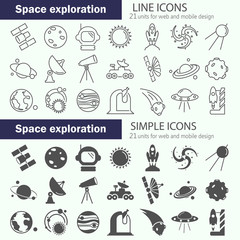 The discovery and exploration of space line and simple icons set