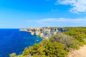 View of Bonifacio town located on high cliff above sea, Corsica island, France