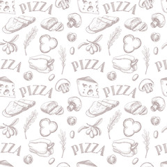 Seamless pattern with Ingredients for pizza such as mozzarella, arugula, ham, cheese, pepper, drawn in a chalky graphic style.