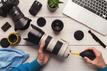 Camera lens cleaning with special tool top view