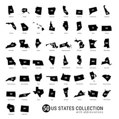 50 US States Vector Collection. High-Detailed Black Silhouette Maps of All 50 States. US States with Abbreviations