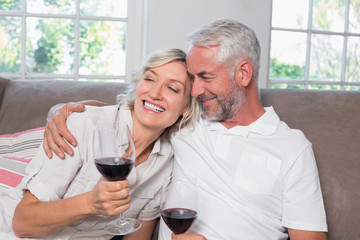 Loving mature couple with wine glasses in living room
