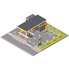 Filling station in isometric with transport, vector illustration. Part of city