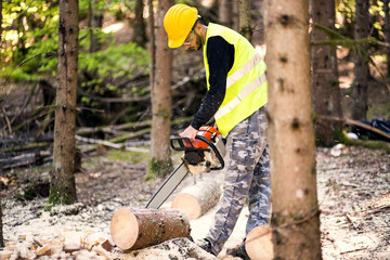 Man working with chainsaw in forest