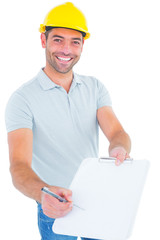 Smiling manual worker giving clipboard for signature