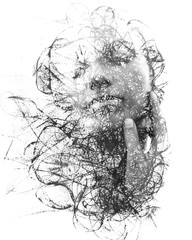 Paintography. Double Exposure portrait of a seductive ethnic woman's profile combined with hand...
