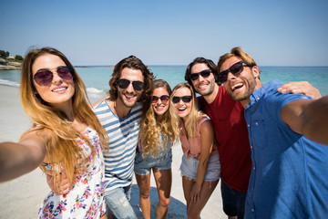 Cheerful friends at beach on sunny day