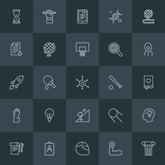 Modern Simple Set of science, sports, education Vector outline Icons. Contains such Icons as  cosmos,  ancient,  ball,  tennis,  motorcycle and more on dark background. Fully Editable. Pixel Perfect.