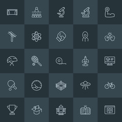 Modern Simple Set of science, sports, education Vector outline Icons. Contains such Icons as  training,  education, webinar,  microscope and more on dark background. Fully Editable. Pixel Perfect.