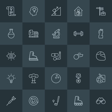 Modern Simple Set of science, sports, education Vector outline Icons. Contains such Icons as  concept,  award,  fun,  skating,  paint, art and more on dark background. Fully Editable. Pixel Perfect.