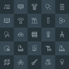 Modern Simple Set of science, sports, education Vector outline Icons. Contains such Icons as  view, history, mentor,  chemistry,  skating and more on dark background. Fully Editable. Pixel Perfect.