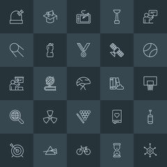 Modern Simple Set of science, sports, education Vector outline Icons. Contains such Icons as observatory,  cycle,  global, globe,  education and more on dark background. Fully Editable. Pixel Perfect.