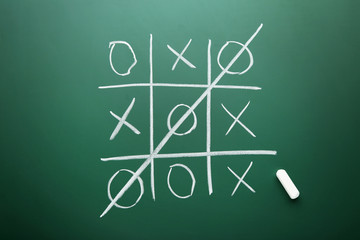 Tic tac toe game drawn by chalk on green school blackboard