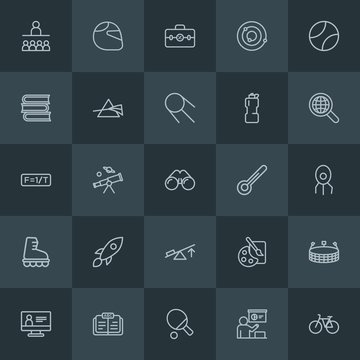 Modern Simple Set of science, sports, education Vector outline Icons. Contains such Icons as language,  table,  cycle, motor, internet, bike and more on dark background. Fully Editable. Pixel Perfect.