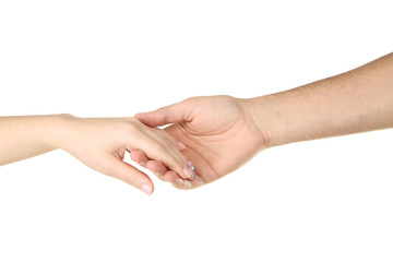 Female and male hand holding each other on white background