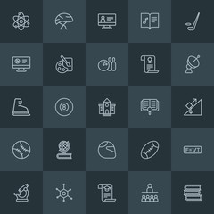 Modern Simple Set of science, sports, education Vector outline Icons. Contains such Icons as  technology,  rugby,  black,  lesson, chemistry and more on dark background. Fully Editable. Pixel Perfect.