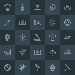 Modern Simple Set of science, sports, education Vector outline Icons. Contains such Icons as  championship, university,  people, satellite and more on dark background. Fully Editable. Pixel Perfect.