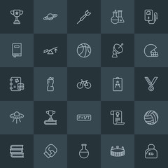Modern Simple Set of science, sports, education Vector outline Icons. Contains such Icons as  bottle,  diploma, space, championship,  saturn and more on dark background. Fully Editable. Pixel Perfect.